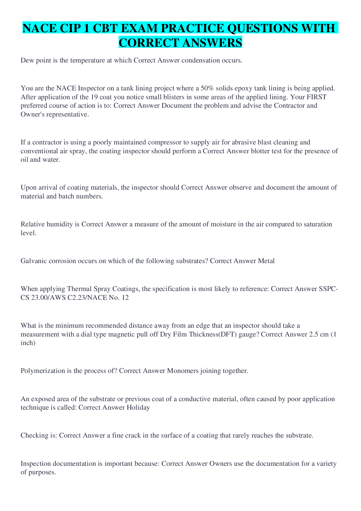 Preview image for NACE CIP 1 CBT EXAM PRACTICE QUESTIONS WITH CORRECT ANSWERS